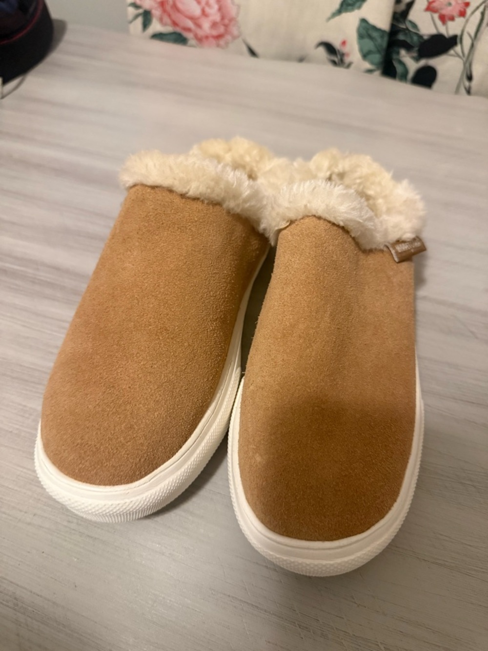 MINNETONKA Tan Suede Faux Fur Lined Slip-On Shoes - Picture 2 of 4